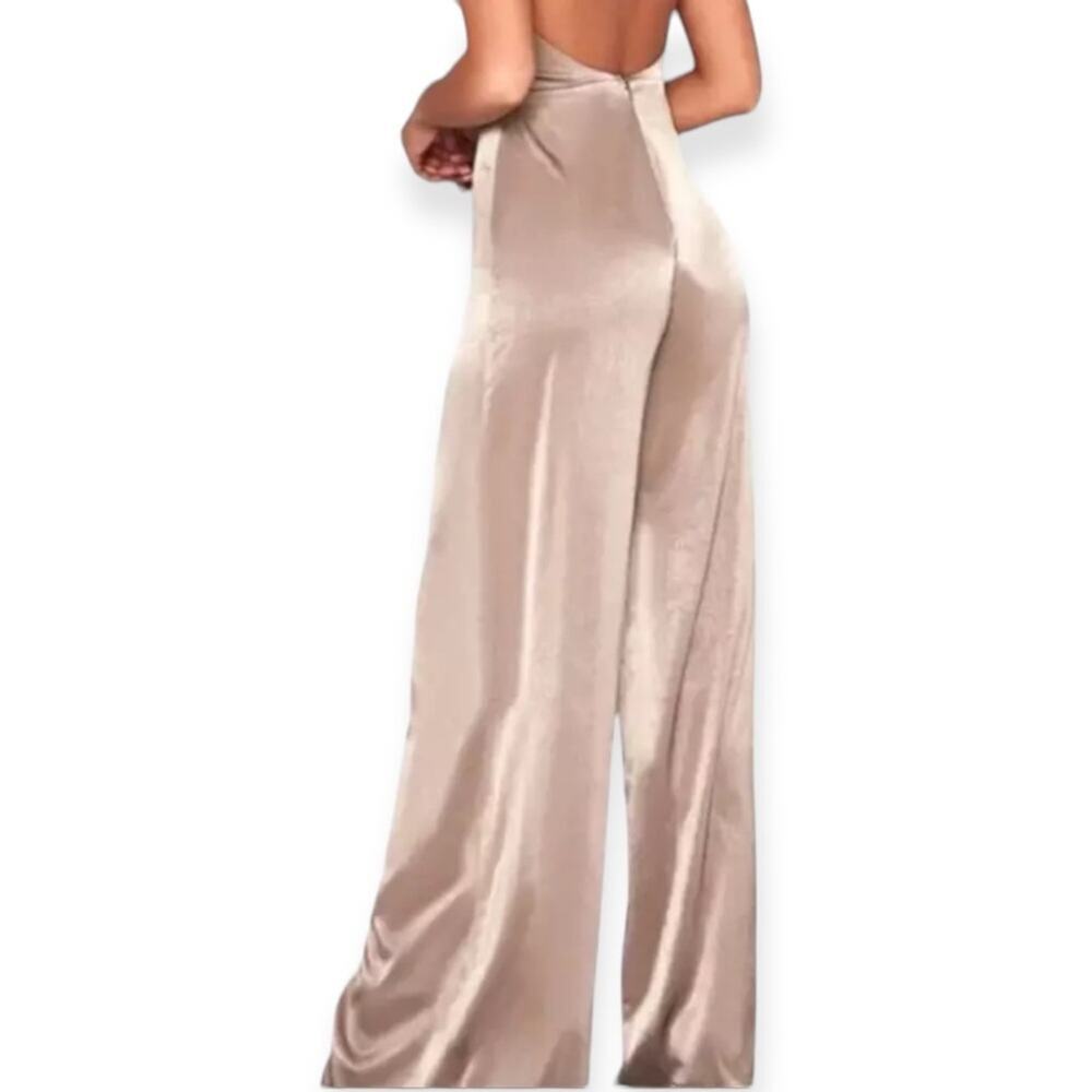 House CB Mistress Rocks SERVE IT Khaki Satin Wide Leg Jumpsuit NWT Size Small - Picture 3 of 6